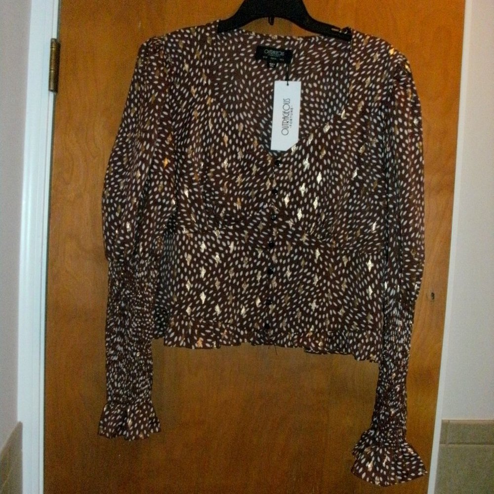 NWT Outrageous Fortune Long Smocked Sleeve V-neck Brown & Gold Print Blouse Top